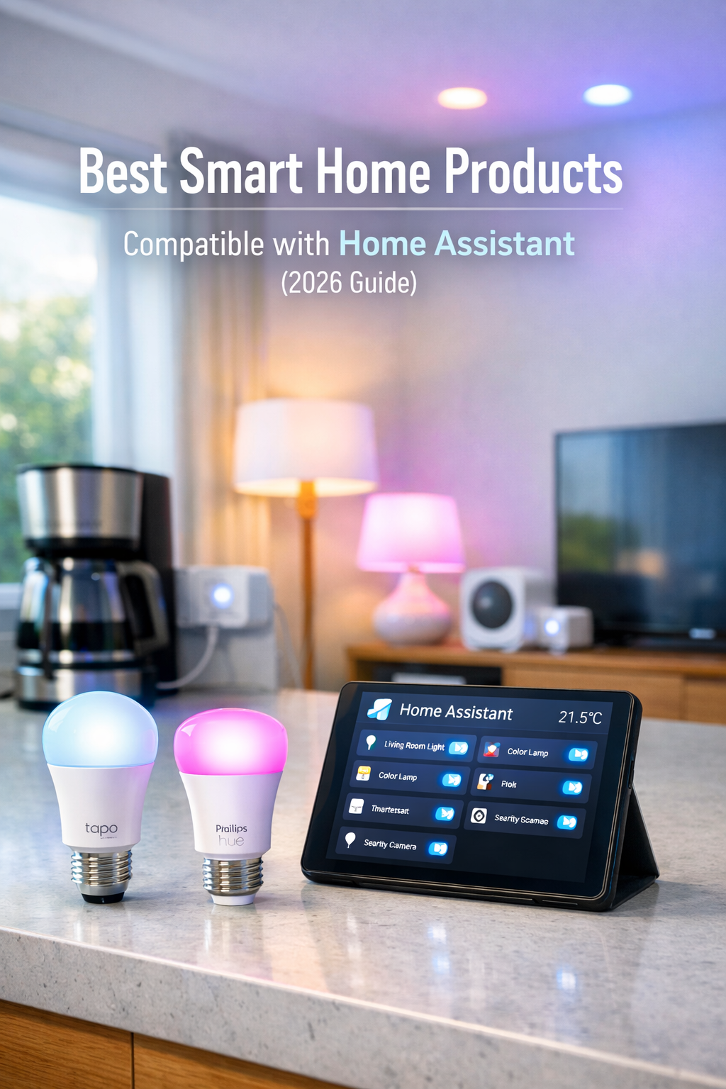 A bright modern UK smart home interior featuring Tapo L530B Smart Bulbs and Philips Hue White & Colour lights connected to Home Assistant. A tablet on the counter displays the Home Assistant dashboard, while natural daylight and soft coloured lighting highlight the minimalist décor and seamless smart‑home connectivity.