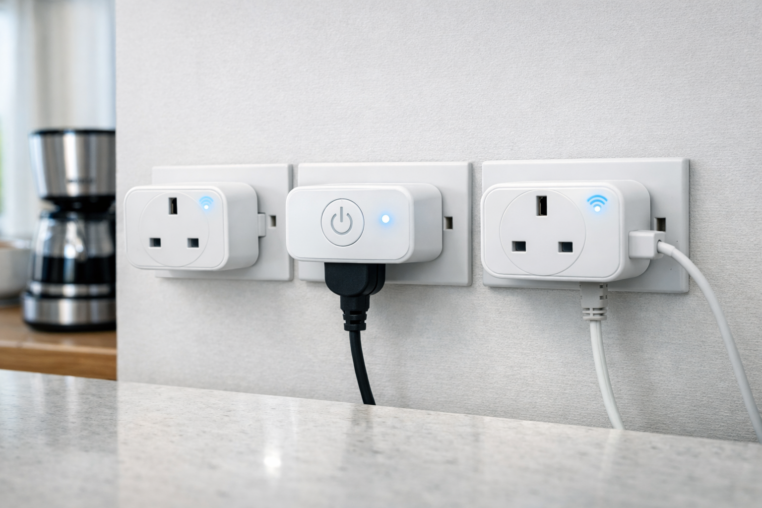 Three white smart plugs plugged into UK wall sockets on a light‑coloured wall