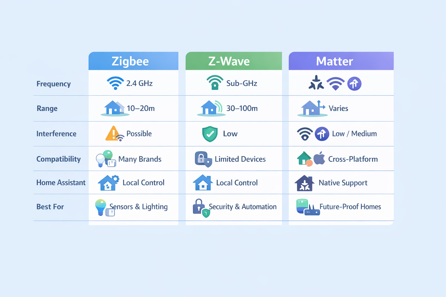 Zigbee, Z‑Wave, and Matter smart home protocol comparison