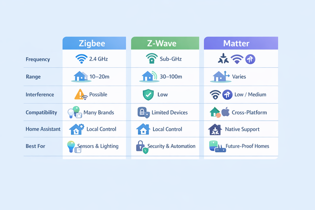 Zigbee, Z‑Wave, and Matter smart home protocol comparison