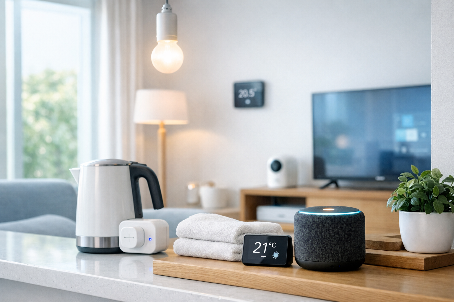A modern UK living room with smart Matter‑enabled devices including glowing bulbs, a smart plug powering a kettle, and a voice assistant hub on a wooden shelf. Natural daylight and minimalist décor convey seamless smart‑home connectivity.