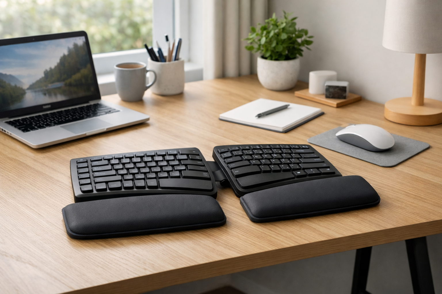 A split ergonomic keyboard on a modern UK home office desk with a wrist rest