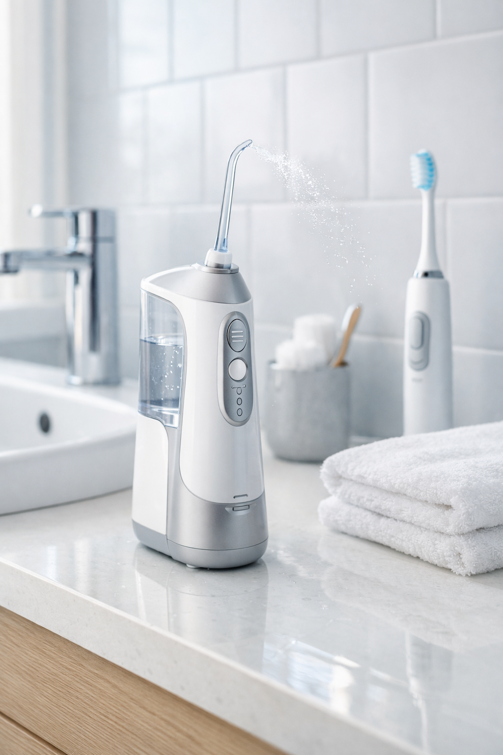 A sleek white and silver water flosser spraying a fine jet of water on a bright UK bathroom countertop beside an electric toothbrush and folded white towels. Chrome fixtures and glossy white tiles reflect natural daylight, creating a clean, hygienic look.