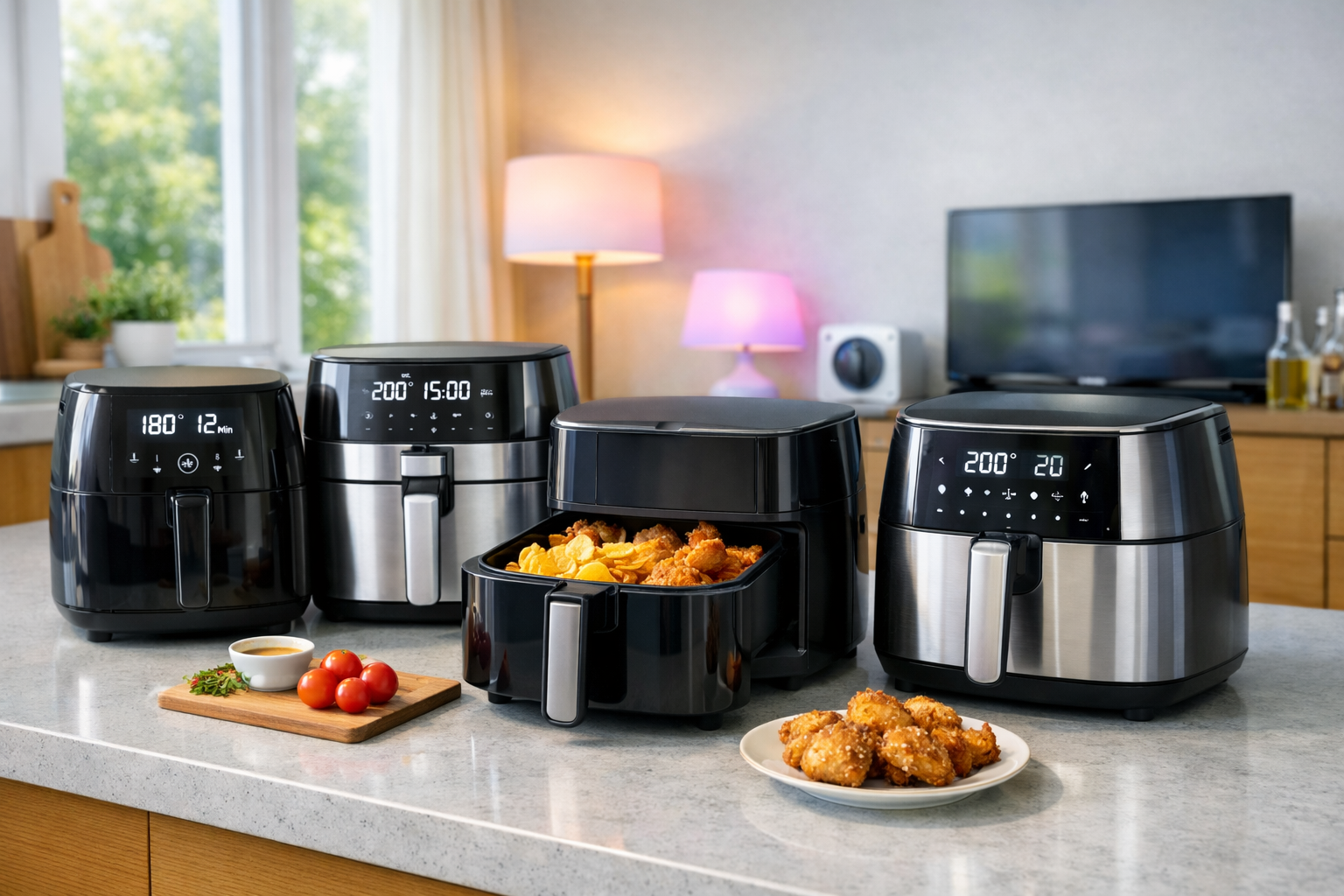 A bright modern UK kitchen countertop featuring several air fryers