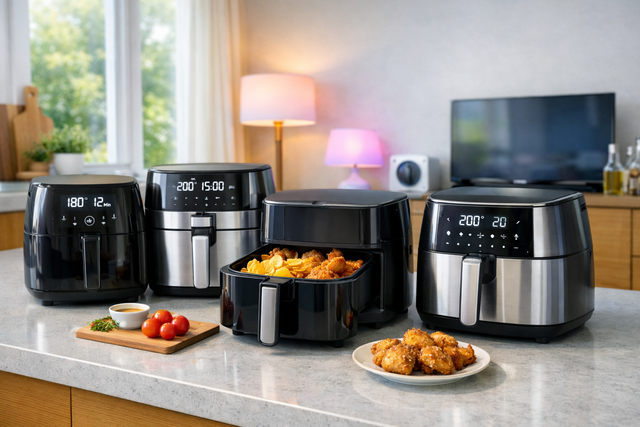 A bright modern UK kitchen countertop featuring several air fryers