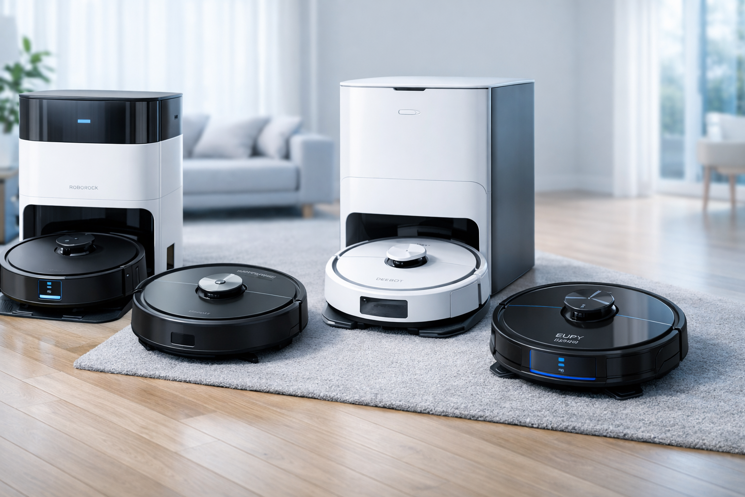 Roborock, Roomba, Ecovacs and Eufy robot vacuums in a modern UK home.