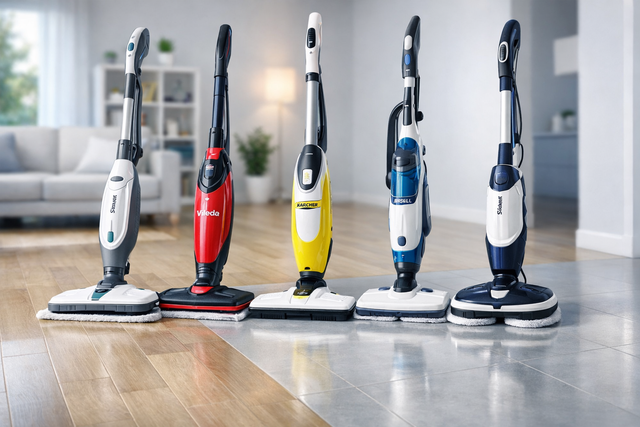 top steam mops of 2026 — Shark, Vileda, Kärcher, Bissell and Shark Steam & Scrub — displayed on clean tiled and laminate flooring in a modern UK home