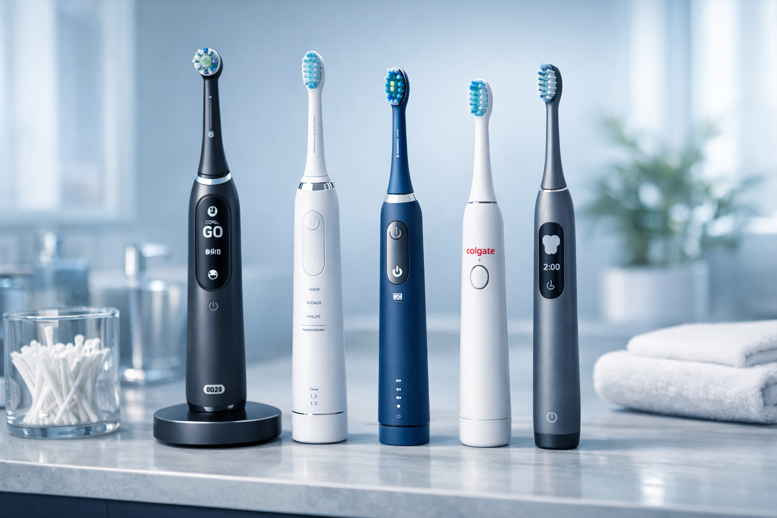 Hero image showing five top electric toothbrushes of 2026 arranged on a bathroom countertop in a modern UK home