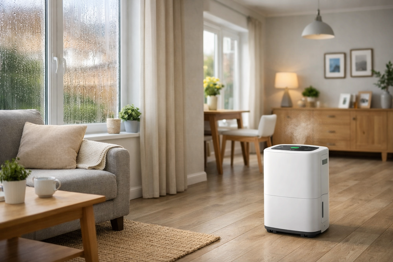 A compact dehumidifier running in a modern UK living room to reduce humidity and prevent condensation