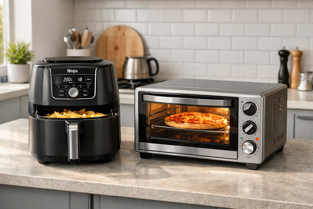 An air fryer and mini oven side by side on a UK kitchen countertop cooking food