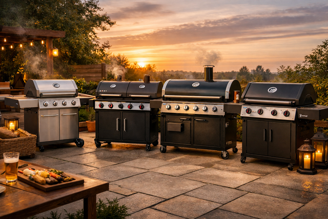 Four‑ and six‑burner gas BBQs arranged on a UK patio at sunset, showing stainless‑steel and matte‑black designs with warm lighting and smoke rising