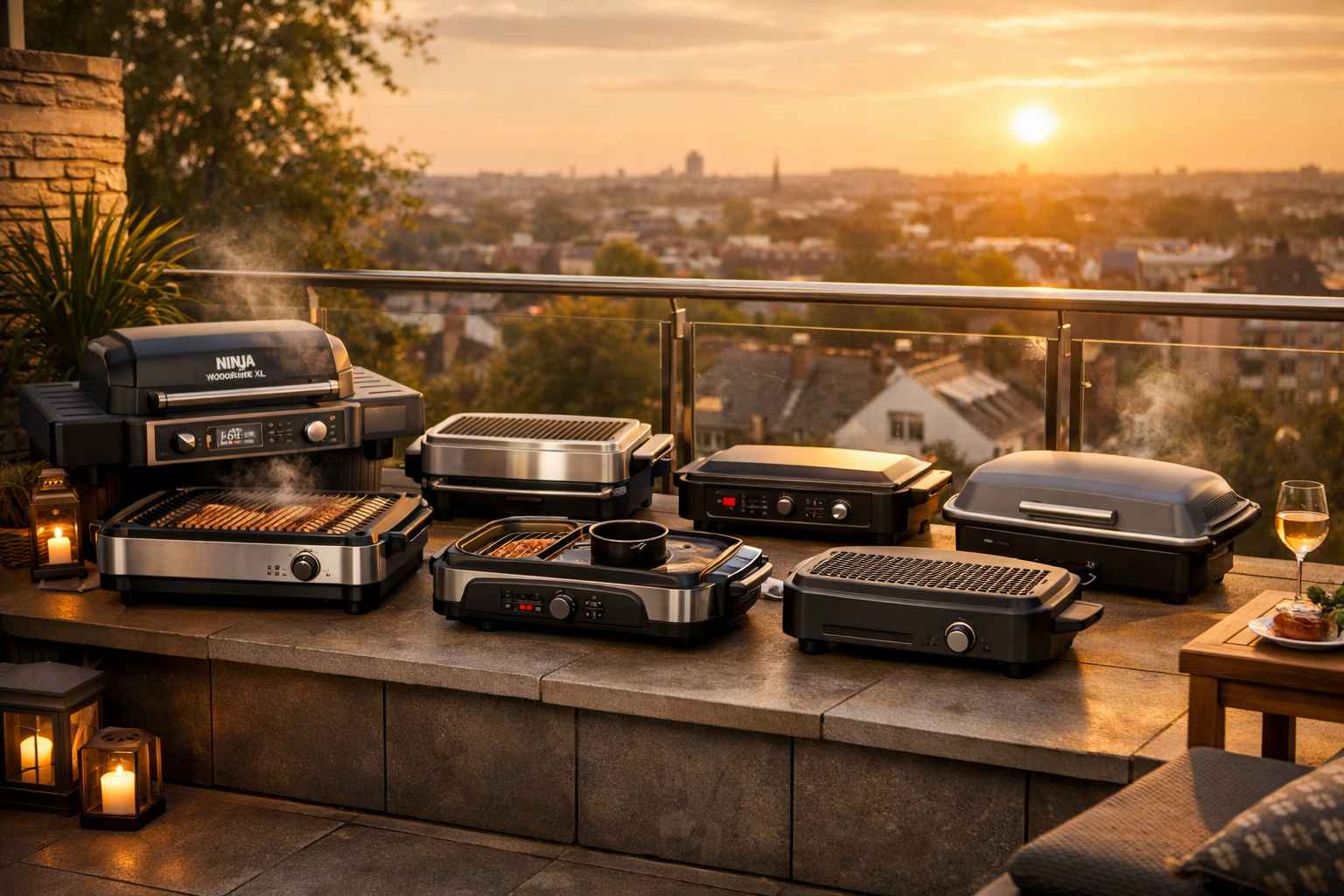 Modern electric BBQs on a UK balcony at sunset, with stainless‑steel and matte‑black finishes and gentle smoke rising