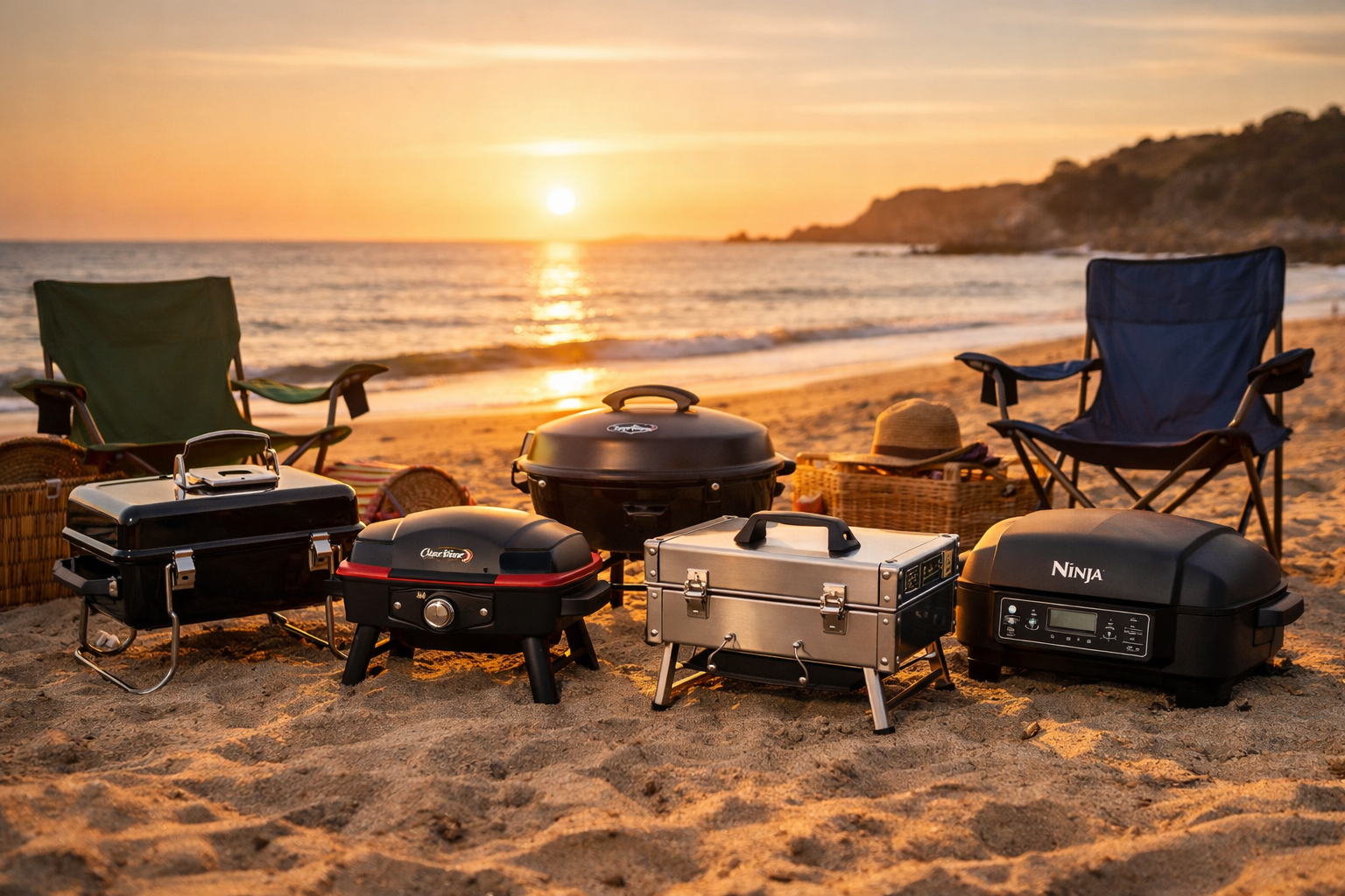 Portable BBQs on a UK beach at sunset, with compact stainless‑steel and matte‑black grills glowing in warm golden light