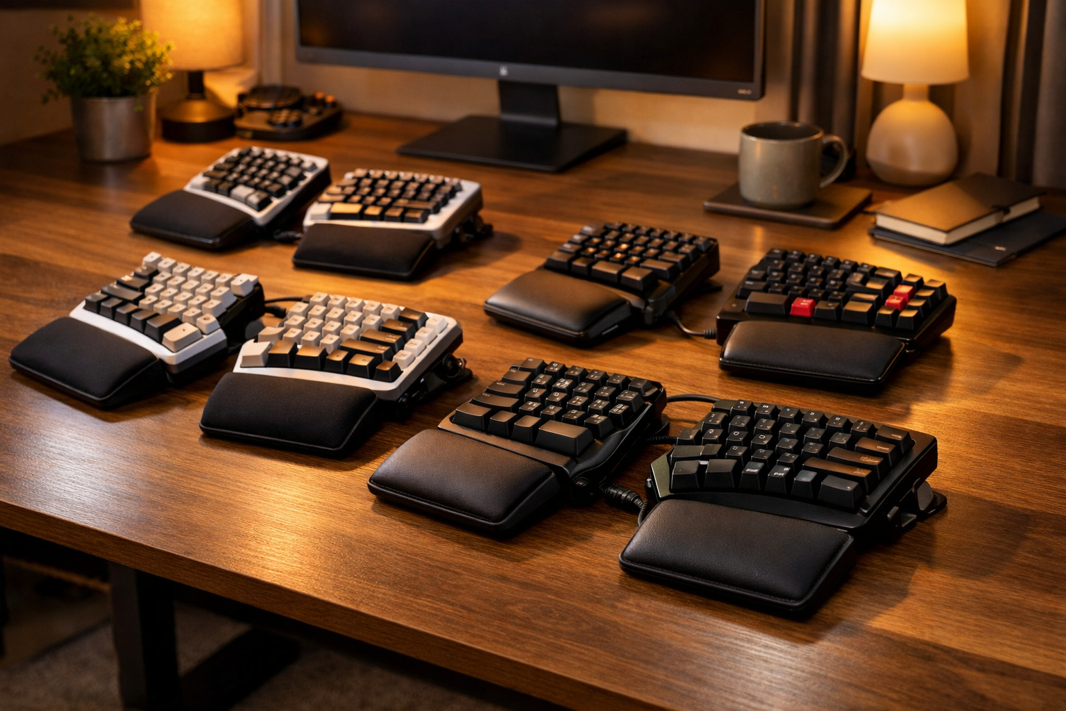 Split ergonomic keyboards arranged on a modern UK desk with wrist rests and adjustable angles