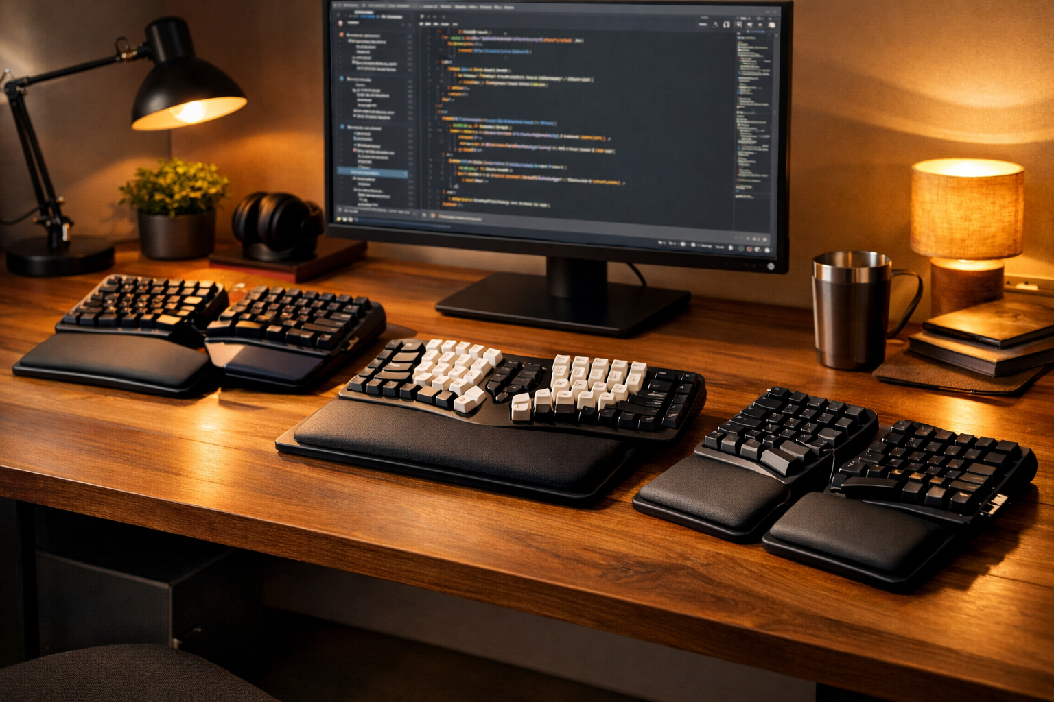 Ergonomic keyboards on a UK developer desk with split and mechanical designs and wrist rests