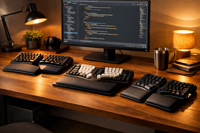 Ergonomic keyboards on a UK developer desk with split and mechanical designs and wrist rests