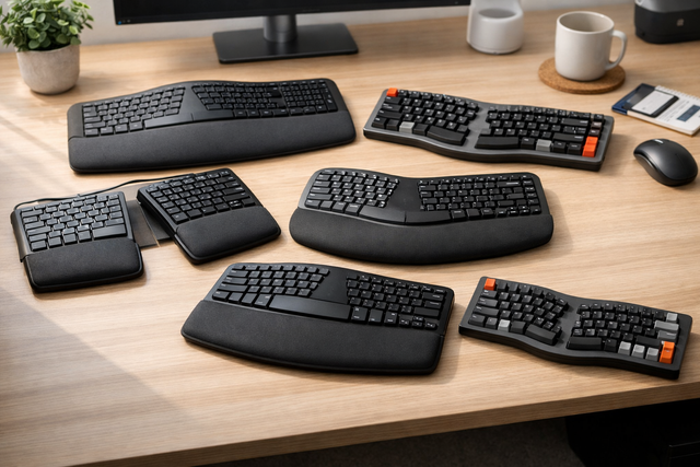A selection of ergonomic keyboards with wrist rests displayed on a modern UK home‑office desk.