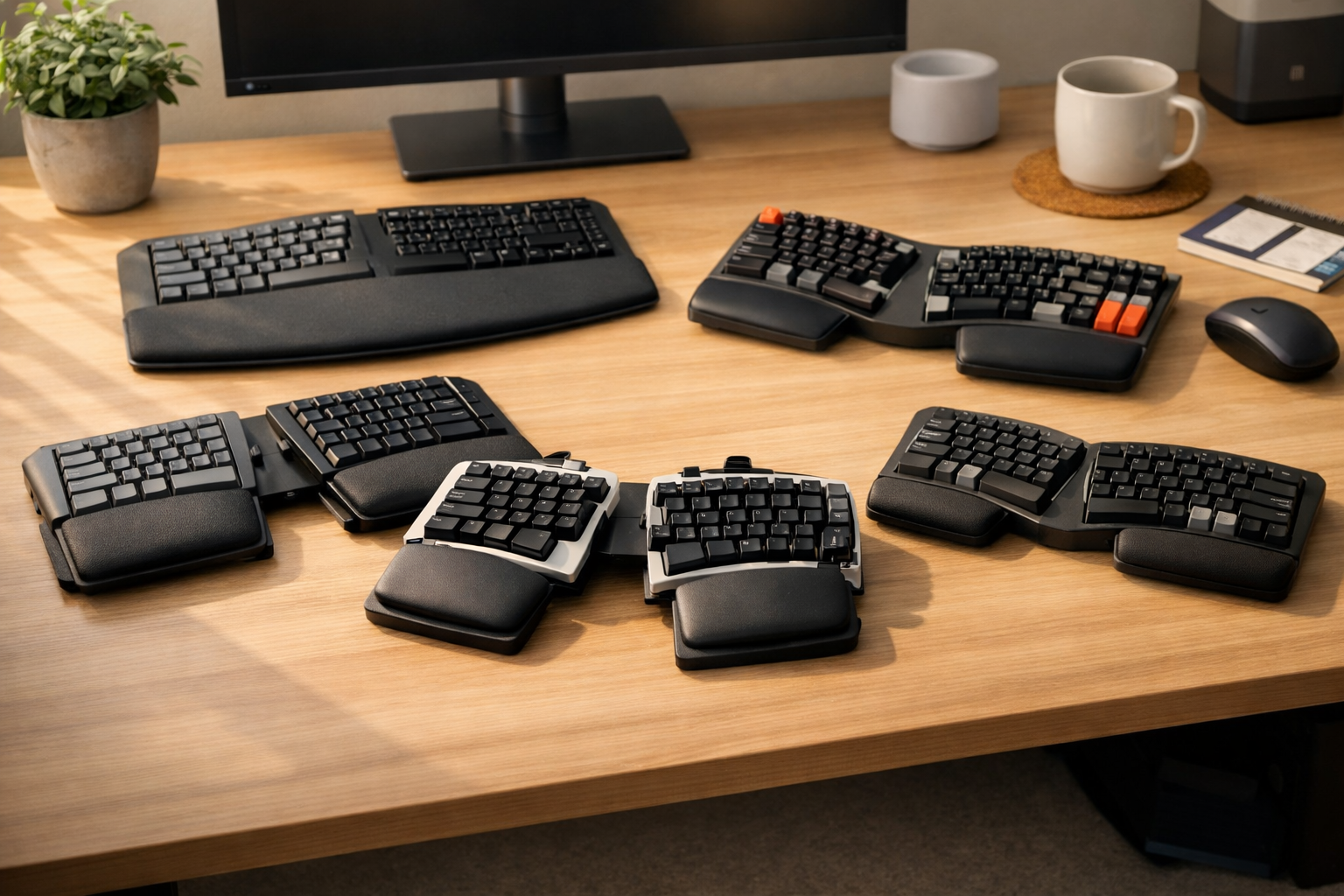 A lineup of split ergonomic keyboards with wrist rests displayed on a modern UK desk under soft daylight.