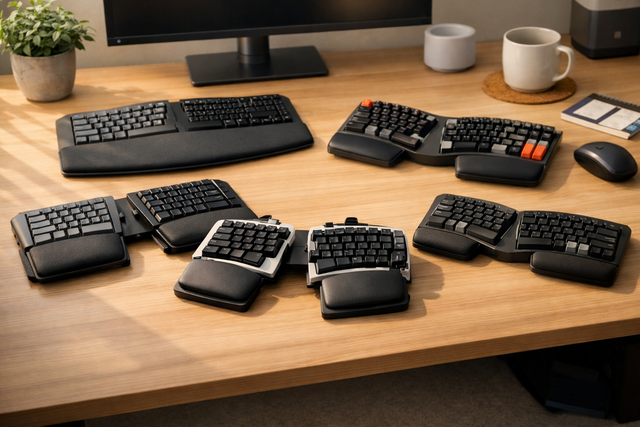 A lineup of split ergonomic keyboards with wrist rests displayed on a modern UK desk under soft daylight.